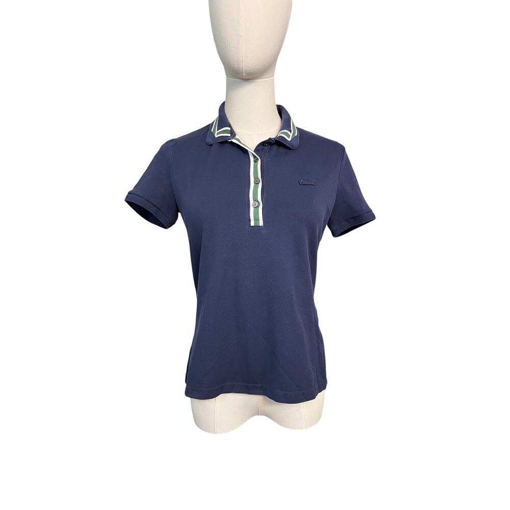 Lacoste Polo Shirt Blue Green Stripe Trim Short Sleeve Women 38